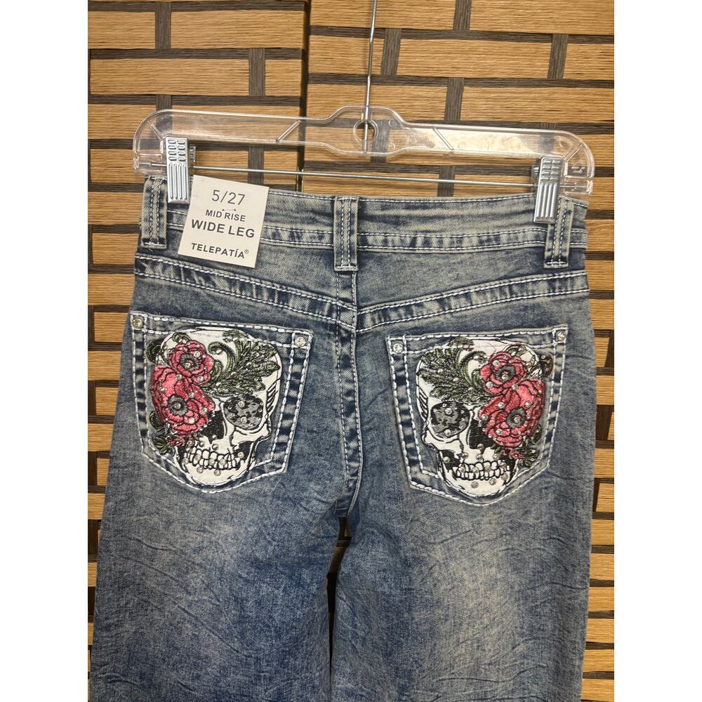 Telepatia Mid Rise Wide Leg Skull Blingy Pocket Jeans SIze 5/27